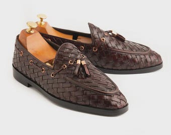 Handmade Woven Leather Loafers | Men's Tassel Shoes