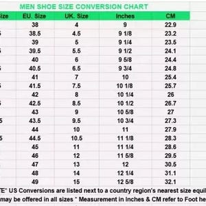 May include: A chart showing men's shoe size conversions in US, EU, UK, inches, and centimetres. The chart shows sizes from 5 to 16 US, 38 to 49 EU, and 4 to 15 UK.