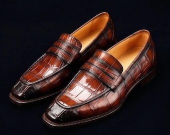 Handmade Brown Crocodile Embossed Leather Loafers, Italian Style Men's Dress Shoes