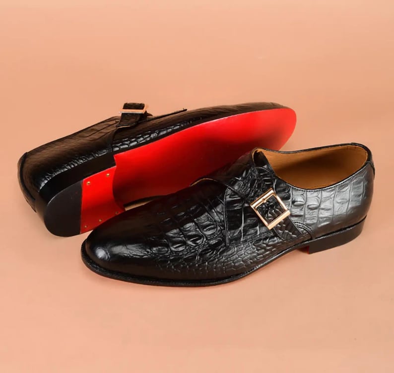 Handmade Black Alligator Crocodile Men Leather Single Monk Strap Dress Shoes image 1