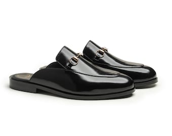 Handmade Black Horsebit Mule Loafers Leather Backless Dress Shoes for Men Luxury Formal