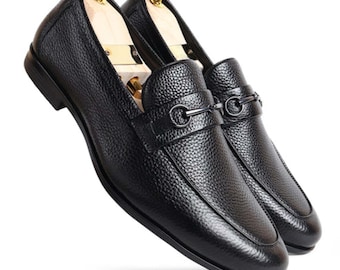 Handmade Black Full Grain Leather Loafers, Men's Slip-On Dress Shoes