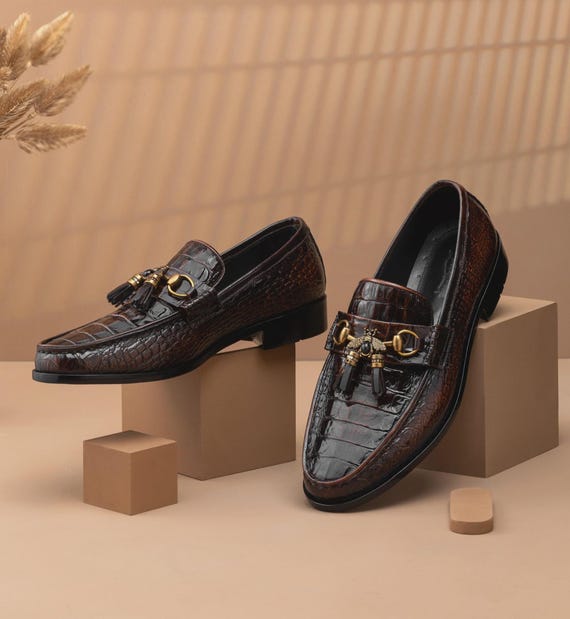 Handmade Crocodile Embossed Leather Loafers: Horsebit Tassel  display picture 1