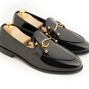 Stylish Black Patent Leather Tassel Loafers Slip on Shoes for Men Handmade Black Patent Leather Dress Shoes