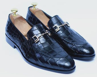 Mens Handmade Black Crocodile Leather Loafers: Vintage Style Slip-On Shoes