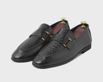 Handmade Black Croco Leather Loafers for Men, Luxury Italian Style Dress Shoes