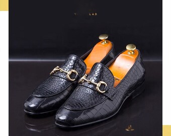 Handmade Black Crocodile Leather Loafers: Men's Slip-On Dress Shoes