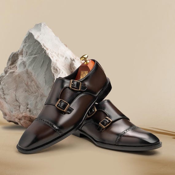 Handmade Men's Brown Leather Double Monk Strap Formal Dress Shoes
