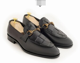Handmade Men’s Black Oxford Leather Horsebit Loafers – Luxury Slip-On Dress Shoes for Office.