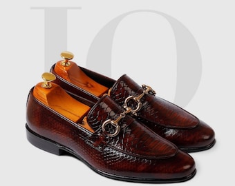 HandcraftLuxury Brown Crocodile Patten Leather Loafers, Dress Shoes, Slip-On Formal Shoes for Men