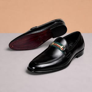 Handmade Black Leather Horsebit Loafers, Italian Style Men's Dress Shoes image 1