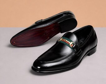 Handgefertigte schwarze Leder Horsebit Loafers, italienischer Stil Herrenkleid Schuhe