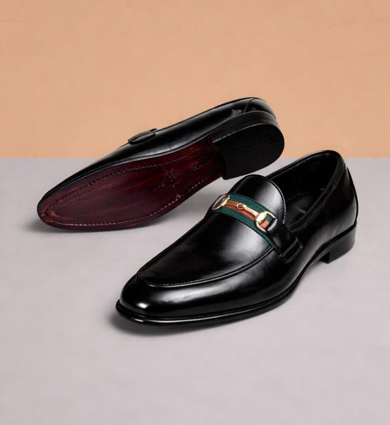 Handmade Black Leather Horsebit Loafers, mens dress shoes, handcrafted slip-on, Italian style, formal wedding shoes