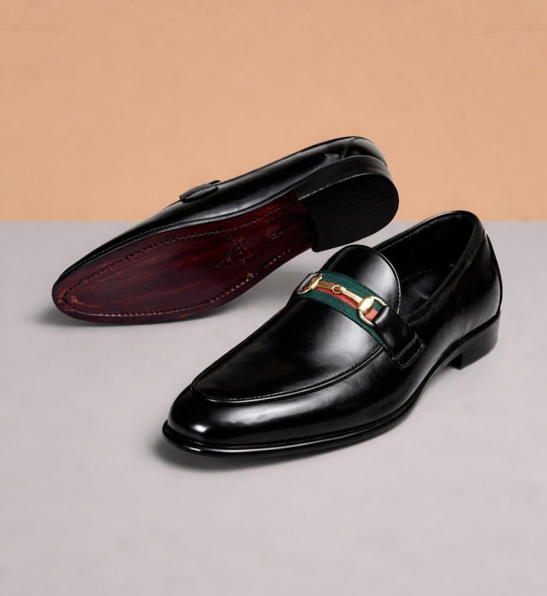 Handmade Black Leather Horsebit Loafers, Italian Style Men's Dress Shoes image 1