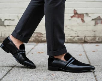 Handgemaakte zwarte suède penny loafers: formele leren instapschoenen voor heren