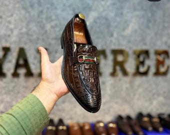 Handmade Brown Crocodile Pattern Horsebit Loafers for Men – Luxury Slip-On Leather Dress Shoes