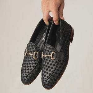 Handmade Woven Leather Loafers: Men&#39;s Black & Brown Calfskin Shoes