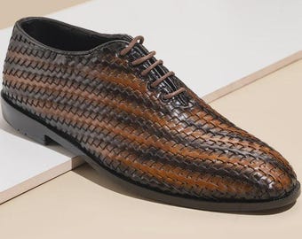 Men's Woven Leather Oxford Shoes Handmade Brown Dress Shoes Luxury Formal Lace Up Footwear