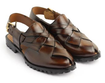 Handmade Brown Leather Peshawari Chappal Sandals: Traditional Mens Footwear