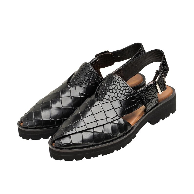 Handmade Black Crocodile Pattern Peshawari Sandals – Men’s Leather Traditional image 3