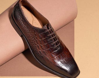 Herren-Oxfordschuhe aus braunem Leder mit Krokodilprägung, formelle Schuhe für Hochzeiten und Business