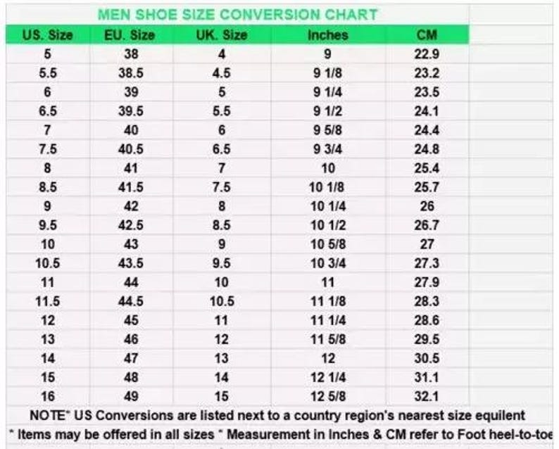 May include: A shoe size conversion chart for men, with US, EU, and UK sizes. Inches and centimeters are listed for each size. The chart includes sizes from US 5 (22.9 cm) to US 16 (32.1 cm).