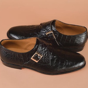 Handmade Black Alligator Crocodile Men Leather Single Monk Strap Dress Shoes image 4