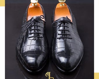 Handmade Black Crocodile Pattern Leather Oxford Shoes Men Luxury Lace Up Dress Shoes