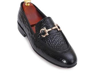 Handmade Genuine Leather Crocodile Textured Black Color Slip On Burlington Loafers For Men