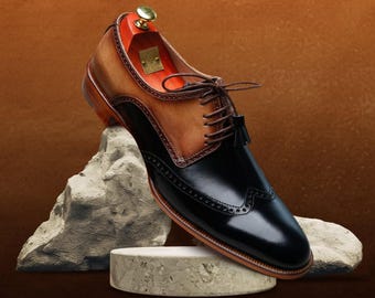 Handgemaakte leren geklede schoenen | Tweekleurige Oxford brogues | Heren veterschoenen