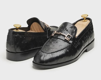 Handmade Men’s Black Horsebit Loafers – Textured Leather Luxury Slip-On Shoes, Designer Style Formal