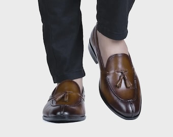 Mocassins à pampilles en cuir marron faits main, chaussures habillées de luxe pour hommes, chaussures de cérémonie pour mariage