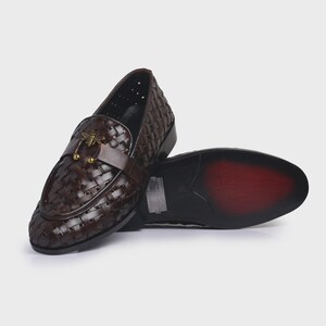 Handmade brown woven leather loafers for men with gold bee ornament, luxury slip-on formal dress shoes.
