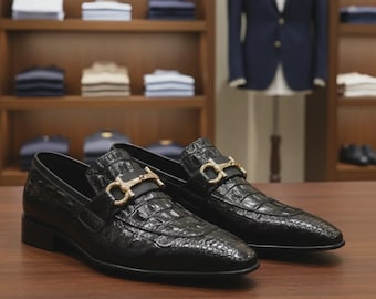 Handmade Black Crocodile Embossed Leather Loafers, Men's Formal Dress Shoes