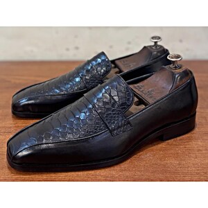 Handmade Black Python Textured Leather Horse Bit Loafers Mens Dress Shoes Slip On Loafers