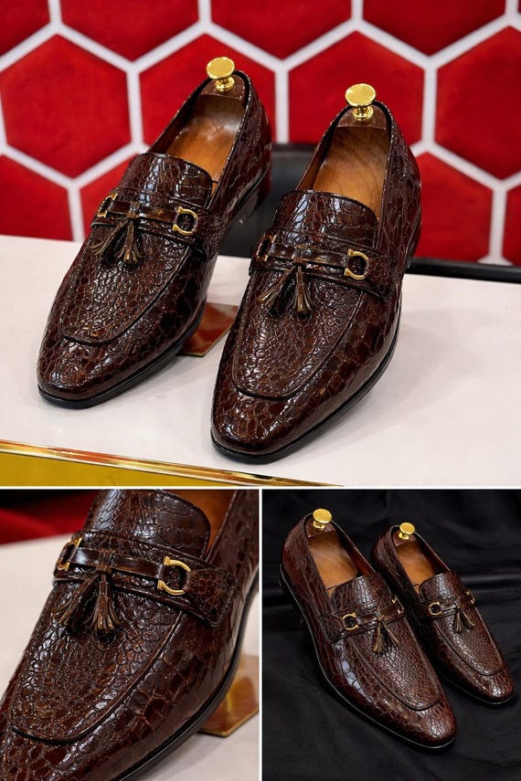 Handmade Brown Croc Leather Tassel Loafers - Men display picture 2