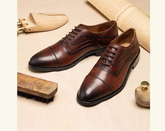 Handmade Brown Leather Oxford Dress Shoes, Men's Cap Toe Formal Business Footwear