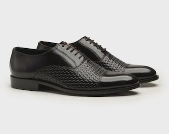 Handmade Black Woven Leather Oxford Shoes for Men Formal Wedding Dress Shoes