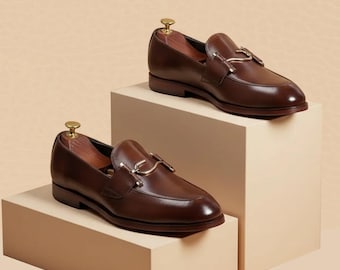 Handmade Brown Leather Horsebit Loafers Mens Luxury Slip On Formal Dress Shoes