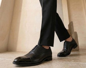 Handmade Black Leather Oxford Shoes Men Woven Formal Dress Shoes