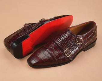 Handmade Burgundy Crocodile Embossed Leather Double Monk Strap Shoes, Men's Formal Dress Footwear
