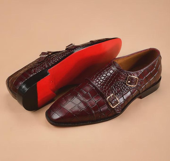 Handmade Burgundy Crocodile Embossed Leather Double Monk Strap Shoes, Men's Formal Dress Footwear