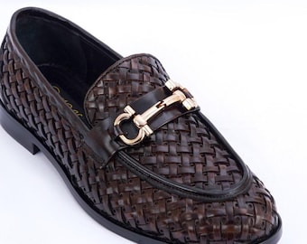Handmade Brown Horsebit Woven Leather Loafers for Men – Luxury Italian-Style Slip-On Dress Shoes
