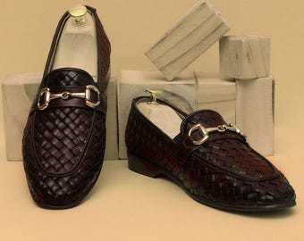 Handmade Brown Woven Leather Loafers | Men's Italian Style Dress Shoes | Luxury Slip-On Formal Shoes