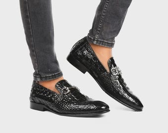 Men's Black Crocodile Leather Loafers, Horsebit Dress Shoes, Formal Wedding Footwear