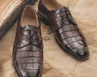 Men's Crocodile Embossed Leather Oxford Dress Shoes, Brown Lace Up Formal Footwear