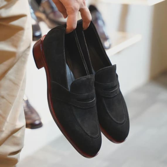 Handmade Black Suede Penny Loafers for Men, Luxury Slip On Dress Shoes, Classic Formal Loafers, Wedding Business Footwear