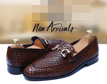 Handmade Brown Woven Leather Loafers | Men's Italian Style Dress Shoes | Luxury Slip-On Formal Shoes