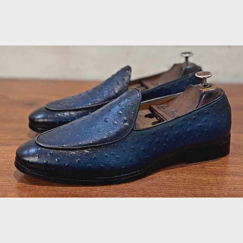 Handmade Blue Ostrich Leather Loafers: Men's Slip-On Shoes image 3