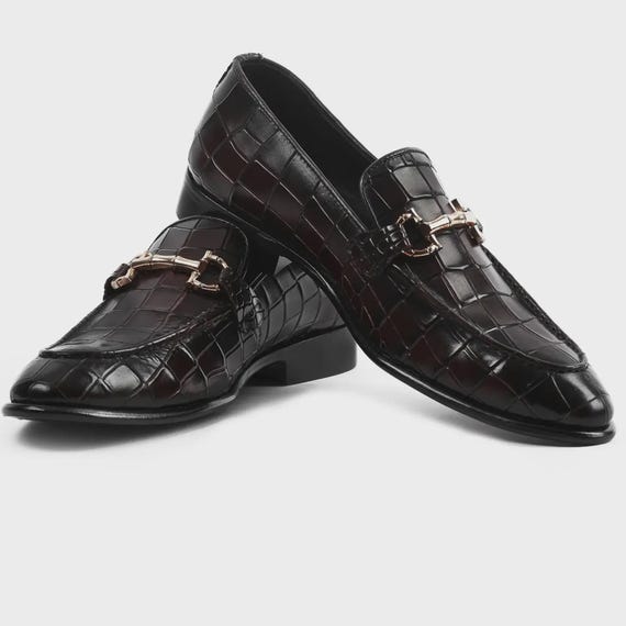 Handmade Croc Embossed Leather Horsebit Loafers, Italian Style Men's Dress Shoes